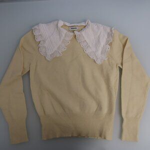 SANDRO NWOT Women 100% Wool Embroidery Yellow Knitted Sweater with white collar